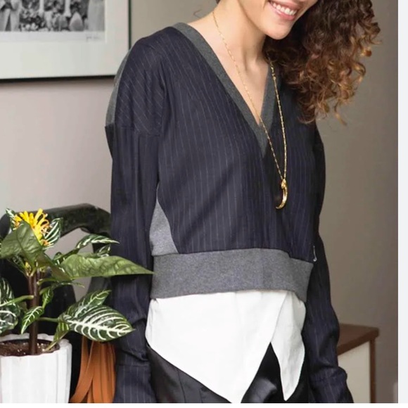 Derek Lam 10 Crosby Navy Blue Grey V-Neck Long Sleeve Sweater White Underlayer - Picture 6 of 13